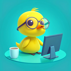 Yellow Duck, glasses, coffee, computer