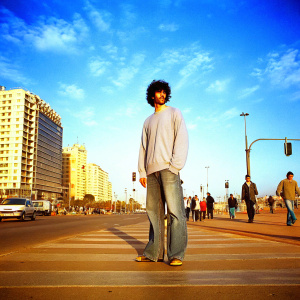 Marouane Fellaini, soccer player, in casual wear. Gray sweatshirt, jeans. In a bustling city street.