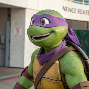 Donatello, the Teenage Mutant Ninja Turtle, depicted in a vibrant 3D animation. Purple bandana, smiling