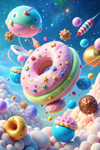 A whimsical fantasy donut-shaped spaceship flies through space, leaving a long trail of sweets in its wake. In the distance, planets spin lazily, resembling massive donuts with colorful icing and sprinkles. Asteroids made of candies and lollipops fly by. The starry backdrop is a swirling cosmos of cotton candy nebulae and licorice vines.