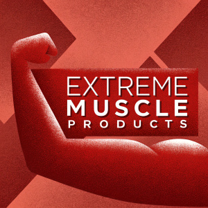 Bold logo design featuring a flexed arm and the text 'Extreme Muscle Products' in a modern sans-serif font.