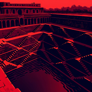 Aerial view of Chand Baori stepwell in Abhaneri, India. Ancient architecture with intricate stepped design. Earthy stone construction