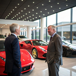 Sir Alex Ferguson, the legendary football manager, standing in a luxurious sports car showroom. He wears a tailored suit and talks with a car salesman. The showroom is filled with sports cars and modern architecture.