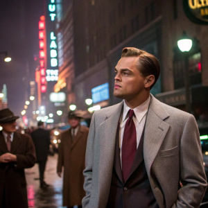 Leonardo DiCaprio, starring in a drama scene. Wearing a gray suit, maroon tie, and white shirt. Determined expression. Filmed in a bustling city street at night, surrounded by other characters and urban backdrop.