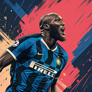 Digital artwork featuring Romelu Lukaku. Wearing Inter Milan jersey. Dynamic pose. Stylized abstract background with bold, vibrant colors.