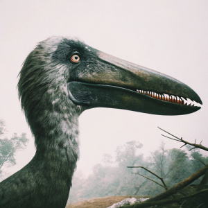 Digital illustration of Dsungaripterus weii, a pterosaur from the Cretaceous era. Detailed depiction of its broad snout, furry texture, and tiny teeth. Earthy tones backdrop.