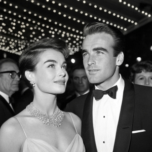 Montgomery Clift and Macha Meril at a glamorous Hollywood gala. Clift, with his iconic close-cropped hairstyle, and Meril, sporting a chic short, sleek hairstyle, stand out in a crowd.