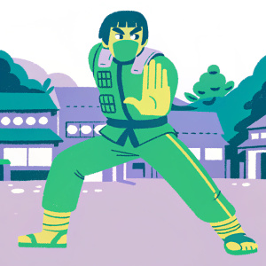 Rock Lee, animated character, wearing iconic green jumpsuit, intense battle stance, ninja village in background, detailed environment, vivid colors, dynamic pose