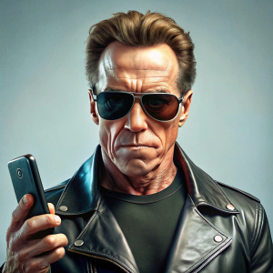 A caricature. Brutal Arnold Schwarzenegger in the role of the Terminator in a leather jacket and black glasses holds a phone in his hand and shows me the screen