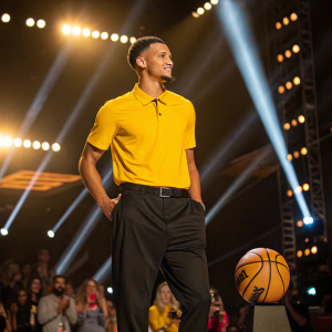 Jalen Suggs, dressed in a vibrant yellow polo shirt and black slacks, poses confidently at a basketball awards ceremony. Bright lights and cheering crowd in the background.