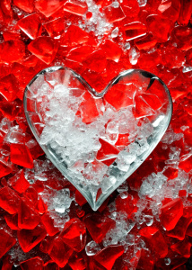 Background broken, broken, torn, crumpled, cut hearts, scattered, red color, advertising photo heart made entirely of frozen and broken glass 