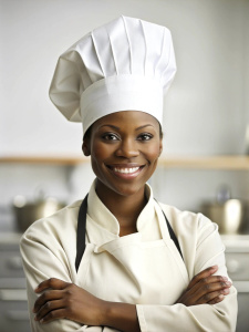 african american young women chef in a chef's hat with arms crossed wears apron standing in restaurant kitchen and smiling