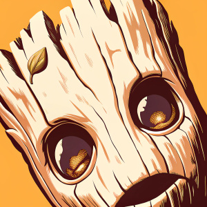 Close-up of Baby Groot's face, showcasing his curious expression and unique wooden texture. Green leaf visible on forehead