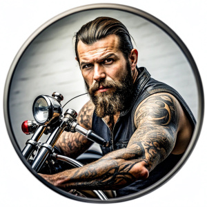 motorcycle club tattoo design - perfect realistic art - high-definition - grey and black - white background 