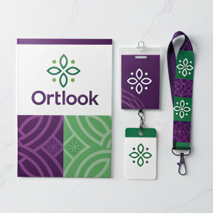 A vibrant brand identity presentation for ORTLOOK. Featuring logo variations in diverse layouts, with a mix of deep purple and green hues. Clean, modern design on crisp white backdrop.
