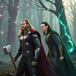 Thor and Loki, from Marvel, standing in a mystical forest. Digital illustration
