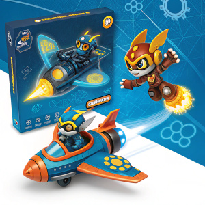 Skylanders Swap Force toys Night Shift and Boom Jet in dynamic action poses. Vibrant package design with blue, orange hues and detailed product information.