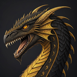 Intricate digital illustration showcasing a mythical Naga creature. Depicted in vivid black and gold hues, it features a sharp beak, jagged teeth, and an intense stare. Detailed textures add layers of complexity.