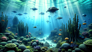 The depths of an alien sea with many types of sentient lifeforms swimming around