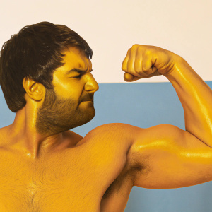Clip art illustration: Strongman flexing. Bold outlines and shading emphasize muscle definition. Plain blue backdrop.
