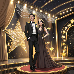 Lee Je-Hoon and Kwon Yu-Ri, starring in 'Fashion King', attend a glamorous awards ceremony. They pose confidently on a lavishly decorated stage.