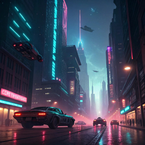 Concept art for Blade Runner 2049. Futuristic cityscape with neon lights, towering skyscrapers, and flying cars.