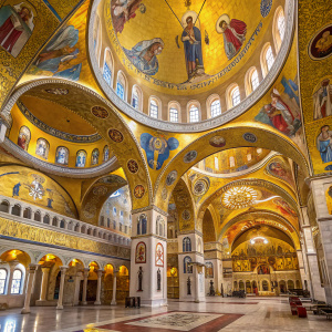Stunning interior of Christ's Resurrection Cathedral in Podgorica, Montenegro. Richly adorned with vibrant mosaics depicting religious figures and scenes. Decorations in shades of gold, yellow, red, blue, and white. Focus on ceiling and arches.