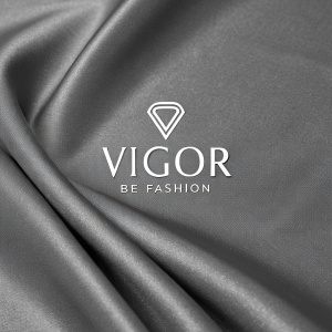 Modern logo design for Vigor brand. Gray background with sleek V-shaped symbol and text 'Vigor' and 'Be Fashion'. Stylish and minimalistic.