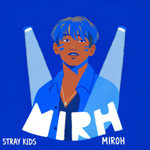 Stray Kids band member Miroh, digital art, spotlight focus, dark background, vibrant color theme, limited edition logo