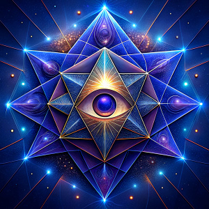 A geometric Star illustrating the idea of the 4 elements of alchemy with a small eye of horus in the middle of the star.