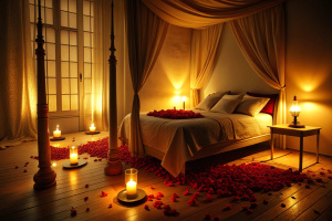 Generate an enchanting scene of a romantic room bathed in soft candlelight, with rose petals scattered on a bed adorned with satin sheets. Capture the ambiance of intimacy and warmth, evoking a sense of timeless love.