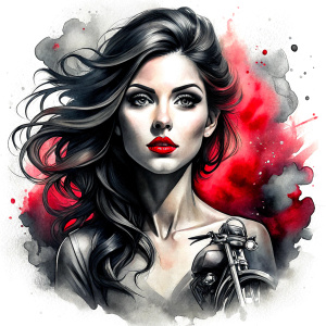 motorcycle bikergirl tattoo design - perfect realistic art - high-definition - grey and black - white background 