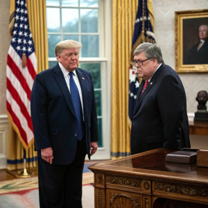 Donald Trump and William Barr standing in the Oval Office. Both looking intense. Dark wood furniture, American flag in background.