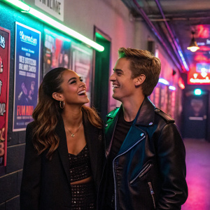Angelina Baez and Logan 'Robot' Gladden sharing a laugh backstage at America's Got Talent. Neon-lit hallway with various posters and advertisements