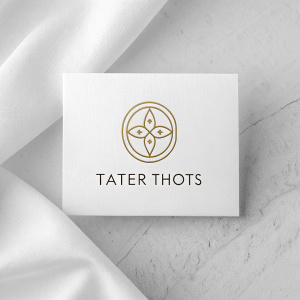 Elegant logo design for 'TATER THOTS.' Minimalist style. Clean white background highlights the sleek emblem.