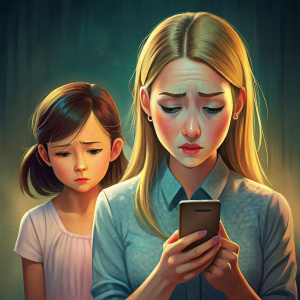una niña fea  mirando el celular llorando con su mama
