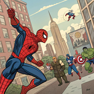 Comic panel layout featuring Spider-Man in dynamic poses, interacting with various Marvel heroes. Vibrant colors, detailed shading, and rich backgrounds create a lively comic book scene.