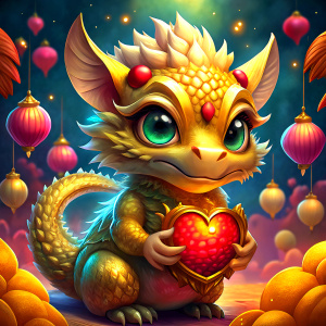 A majestic golden baby dragon with intricate scales and piercing eyes. The gold baby dragon is surrounded by an array of colorful Chinese lanterns, which cast a warm, festive glow over the scene.  In the background, an impressive fireworks display illuminates the night sky, contributing to the festive atmosphere. 