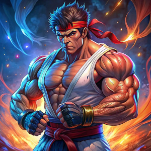 Ryu Street Fighter character in fighting position with arms crossed in front and boxing gloves