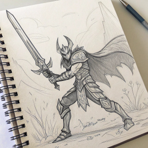 Sketch of Aatrox, from League of Legends, wielding his sword and standing in a battle-ready stance. The drawing is rough and sketchy, like a page from a notebook.