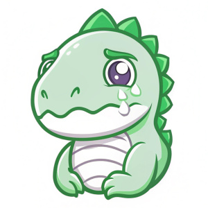 Dibujo de un dinosaurio llorando con un estilo de emote para twitch con trazos sencillos y el dinosaurio con colores en tonalidades verdes. Usa un fondo de color blanco 