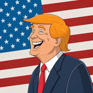 Cartoony depiction of Donald Trump. Orange hair, big smile, standing in front of USA flag background