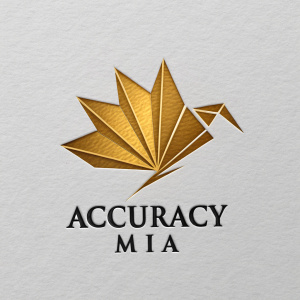 Golden origami-inspired logo in sleek motion. Brand name 'Accuracy MIA' in bold sans-serif font. Simple yet striking design.