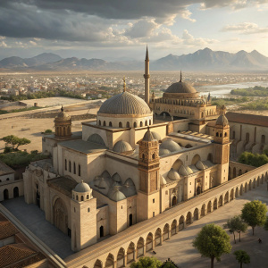 Ornate mosque-cathedral of Cordoba, viewed from a bird's-eye perspective. Domes, arches, and intricate columns visible. Light beige buildings contrast with darker hues. Cityscape below, distant mountains, and a sky filled with clouds.