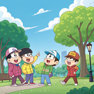 Characters from Osomatsu-san standing in a vibrant, animated park setting. Background features lush green trees and a clear blue sky.