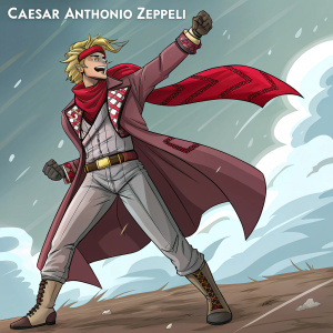 JoJo's Bizarre Adventure digital artwork featuring Caesar Anthonio Zeppeli. Caucasian character, in action pose. Vibrant red scarf and broad coat with gray, red, and brown tones. Artist's signature at bottom.