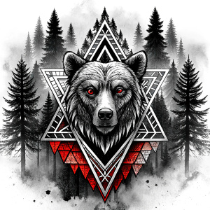 valknut runes pattern geometric symbols - bear and trees - tattoo design - perfect realistic art - high-definition - grey and black - white background 