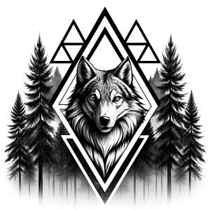 valknut runes pattern geometric symbols - wolf and trees - tattoo design - perfect realistic art - high-definition - grey and black - white background 