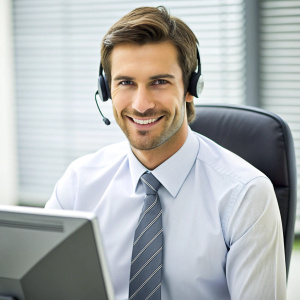 Dedicated male call center operator wearing headset working on computer in call center office.