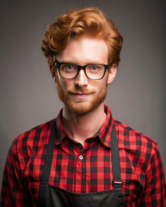 30 years old ginger man green eyes, glasses, red plaid shirt, black pants, black apron. The man is hairdresser 